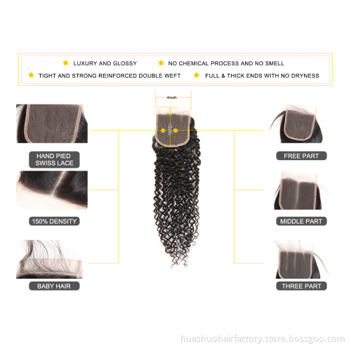 Huashuo Highest Discounts Brazilian Kinky Curly Hair Bundles With Closure100% Virgin Human Hair Extensions Lace Closure